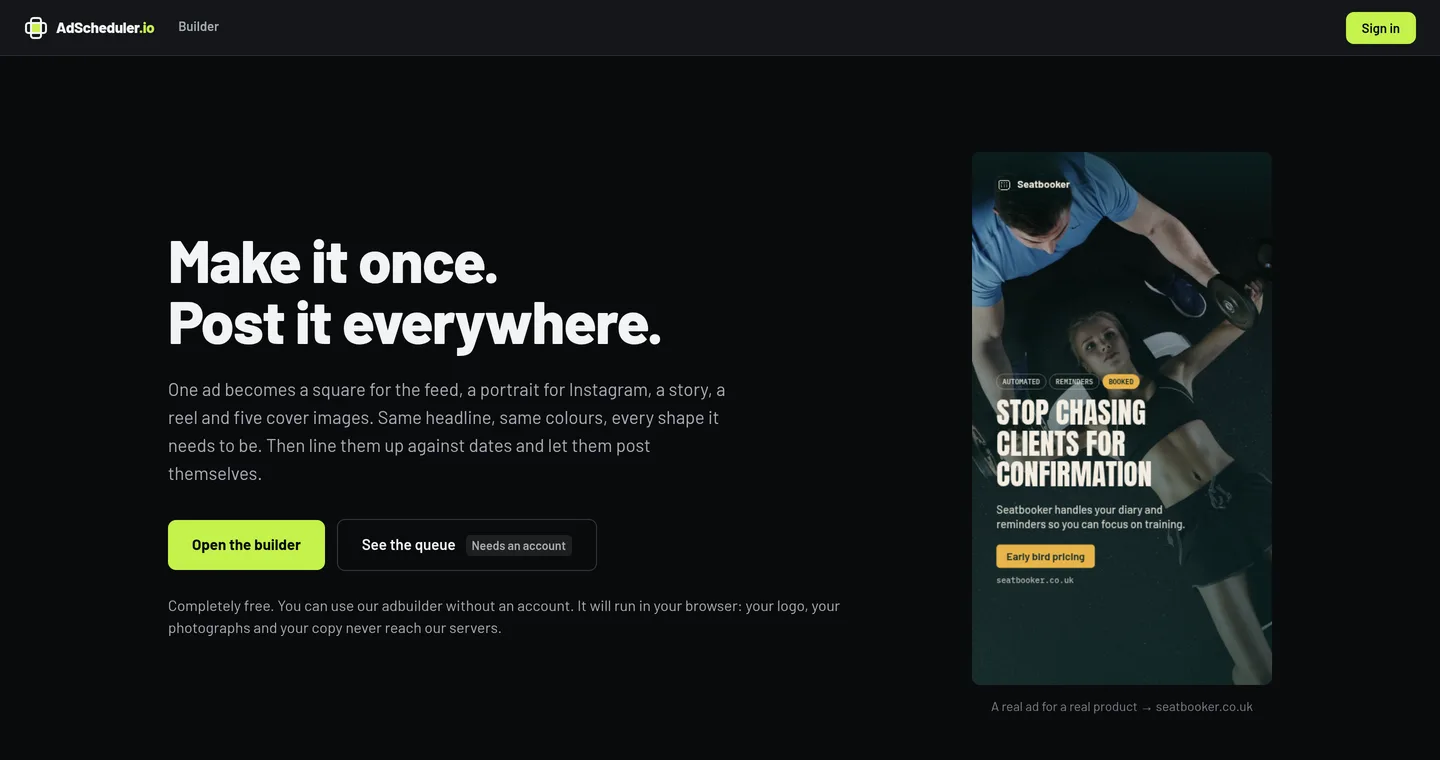 The AdScheduler home page, showing the headline Make it once, post it everywhere, next to a generated portrait advert.